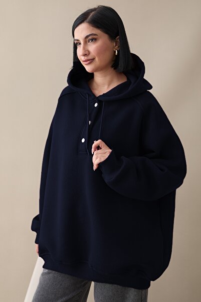 InStyle Світшот з капюшоном і коміром на кнопках, синій
