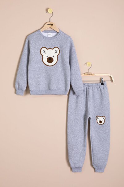 Cansın Mini Dark Gray Teddy Bear Embroidered Fleece-Lined Boys' Set 23339