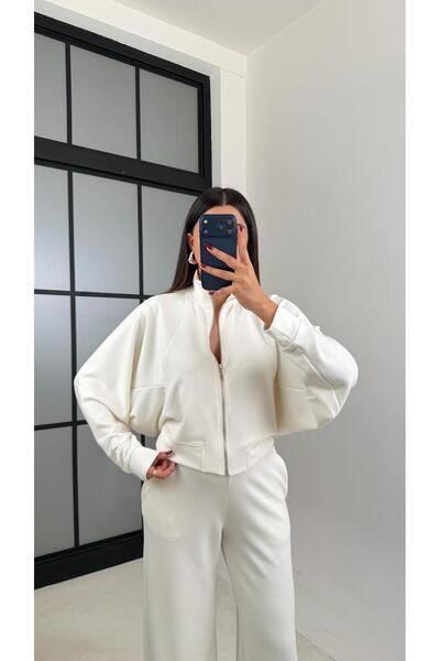 Gaus Ecru Zippered Cardigan Elastic Waist Trousers Modal Set Gaus-00665