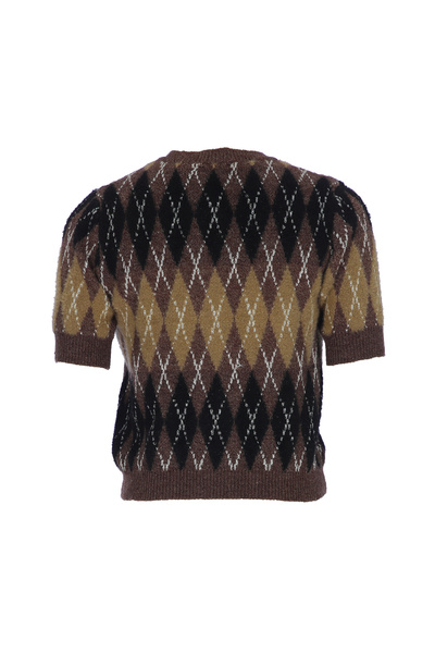 Qoolest Women's Brown Argyle Patterned Fluffy Short Sleeve College Style Knitwear Cardigan