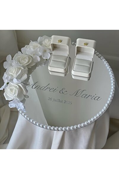 Diana Accessory Söz-nişan Tepsi Seti, ayna inci ve beyaz gül detaylı yüzük ku...