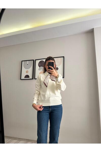 TB Butik Soft Textured - Satin Scarf - Polo Neck Knit Long Sleeve Sweater