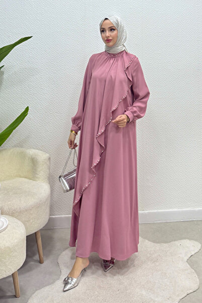 Tesettür Diyarı Kadın Krep Kumaş Kenarları Taş İşlemeli Nazende Tesettür Elbise