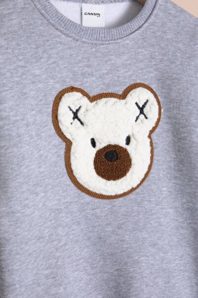 Cansın Mini Dark Gray Teddy Bear Embroidered Fleece-Lined Boys' Set 23339