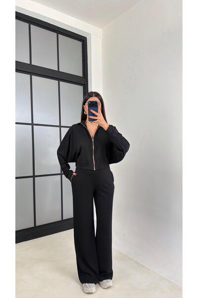 Gaus Black Zippered Cardigan Elastic Waist Pants Modal Set Gaus-00665