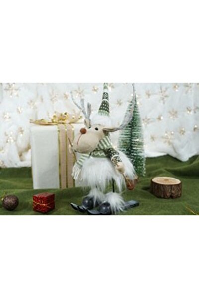 OEM Christmas ornament reindeer on skis model 2, white/green, textile, 33 cm