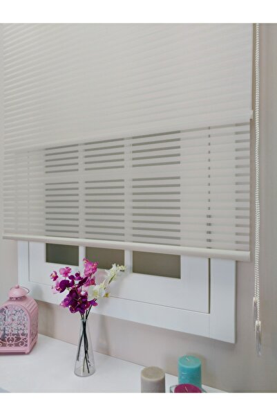 atölyeperde Atölye Perde Çiftli Sistem Bej Kalın Çizgili Tül ve Stor