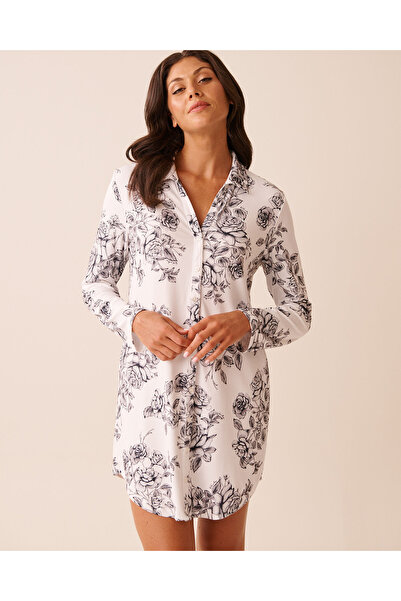 La Vie en Rose قميص نوم ناعم للغاية بأكمام طويلة مطبوع عليه وردة سوداء