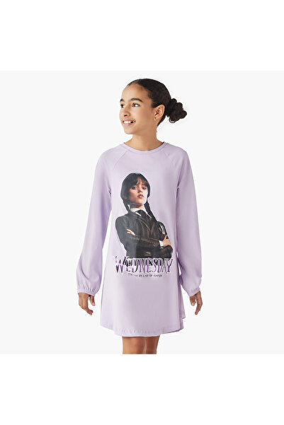 Disney Wednesday Print Round Neck A-line Dress with Long Sleeves