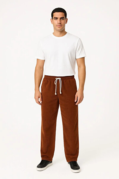 MODA Men's Corded Fabric Velvet Pocket Buggy Trousers Oversized Comfortable Fit - Brown
