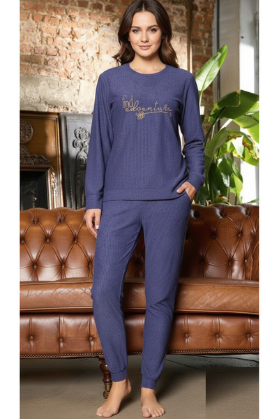 embody Pijama confortabilă pentru femei, catifea cu dungi, albastru indigo 7803