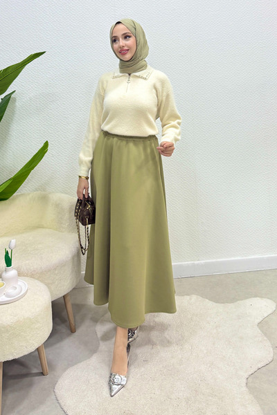 Tesettür Diyarı تنورة سكوبا بلي للمحجبات ذات خصر مطاطي - أخضر كاجلا