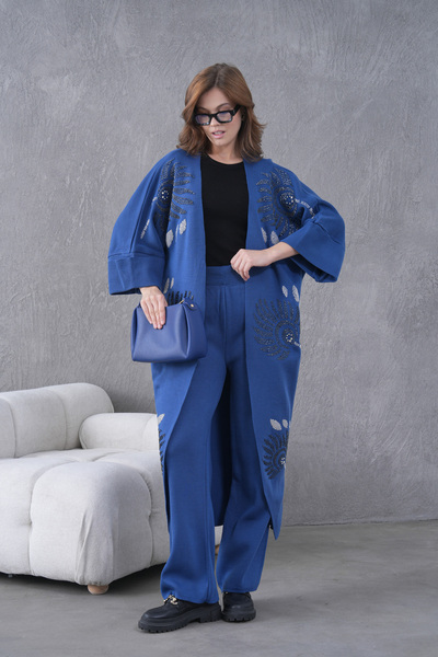 Miss Allos Women's Beaded Wide-Fit Knitwear Cardigan and Pants Bottom-Top Set