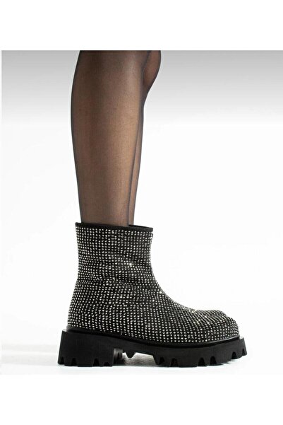 Trendlov Kadın Taşlı Kalın Taban Fermuarlı Bot