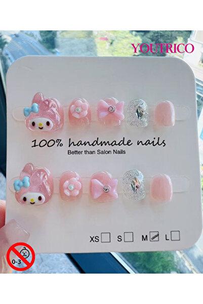 Youtrico Children's Fake Nails 100% Handmade Cartoon Green, Safe for 3+ ，M