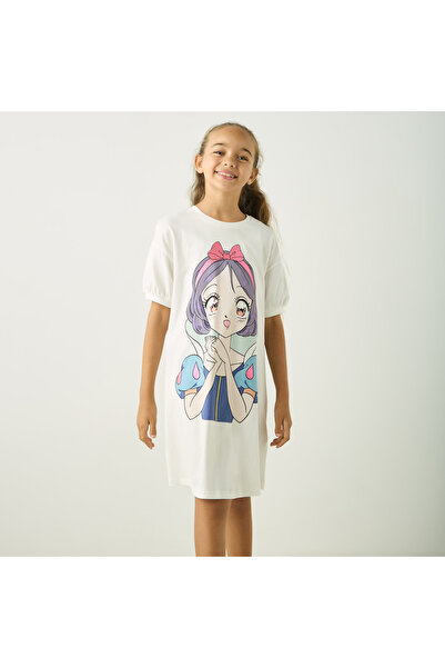 Disney Snow White Print Round Neck Dress with Short Sleeves
