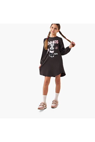 Disney Minnie Mouse Print T-shirt Dress with Round Neck and Long Sleeves