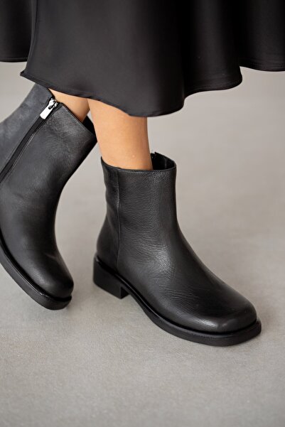 selin shoes Cevrin Genuine Leather Side Zipper Blunt Toe Women's Boots - Black Floter