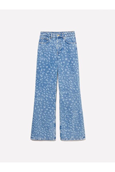 Sisley Women's 100% Cotton Printed Regular Waist Wide Leg Denim Pants 325P43Y3Le04F-Sis902