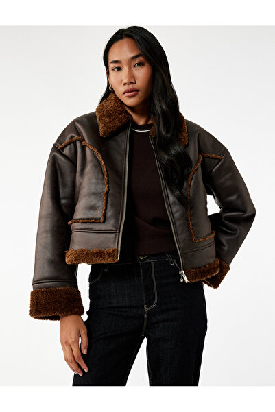 Koton Дългоръкавна, с джобове, цип, плюшена яка, изкуствена кожа, къса мотоциклетна яке