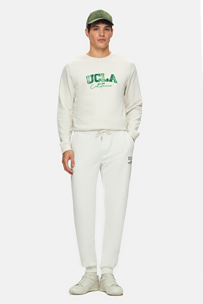 UCLA Ανδρικό παντελόνι αθλητικής φόρμας MADOC Bone Color με ελαστικό πόδι με τύπωμα Standard Fit