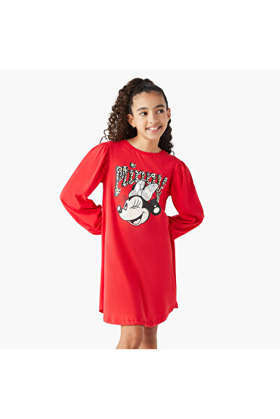 Disney Minnie Mouse Print T-shirt Dress with Round Neck and Long Sleeves