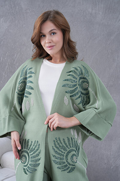 Miss Allos Women's Beaded Wide-Fit Knitwear Cardigan and Pants Bottom-Top Set