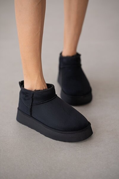 selin shoes Luniva Thick Sole Women's Boots with Fur Inside - Black Suede