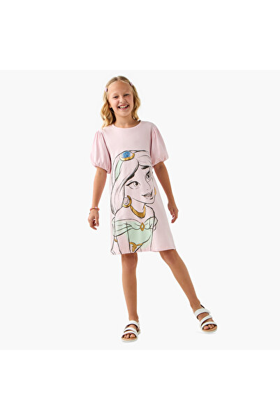 Disney Dinsey Jasmine Print T-shirt Dress with Short Sleeves