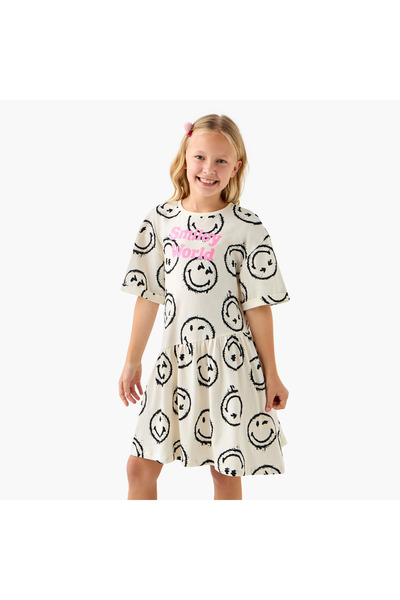 SMILEY WORLD فستان تي شيرت مطبوع بأكمام قصيرة