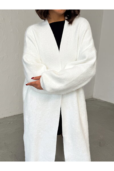 BEJNA Women's Ecru Soft Textured Midi Knit Cardigan