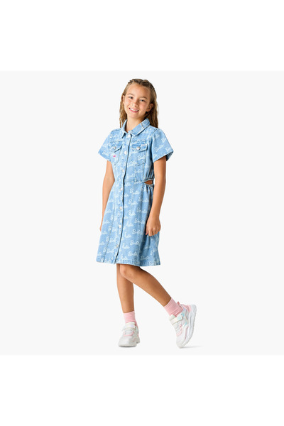 mattel Barbie Print Shirt Dress with Button Closure and Pockets