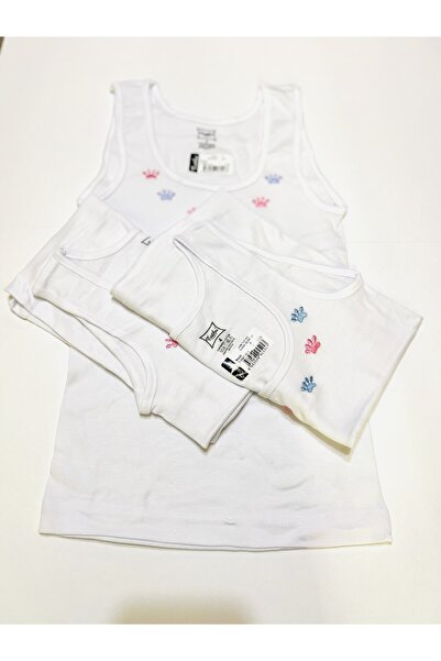 Tutku Brand Girl's Wide Strap Embroidered 100% Cotton White Undershirt 3-Piec...