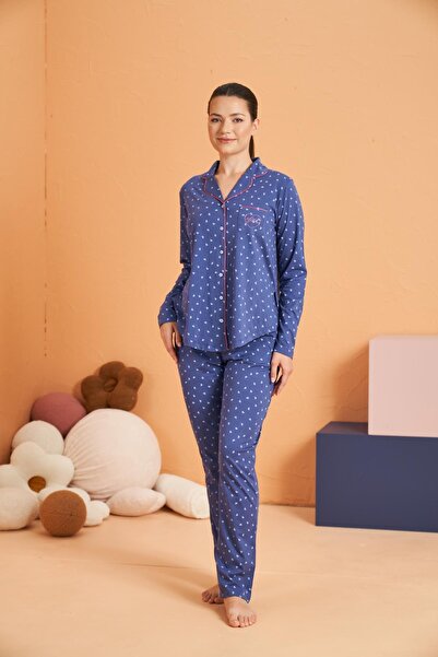 PJS %100 Pamuk Süprem Düğmeli Kalp Desenli Biyeli Mavi Pijama Takım - Uzun Kol