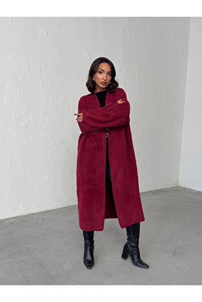 BEJNA Women's Burgundy Soft Textured Midi Knit Cardigan