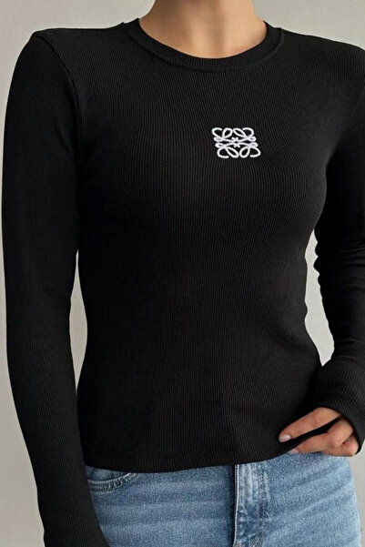 CİDDE Дамска велосипедна блуза с лого, избродирано на яката, от памучен джърси с детайли, боди блуза, ЧЕРНА