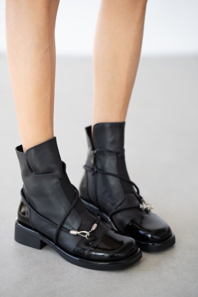 selinshoes Amevia Genuine Leather Side Zipper Blunt Toe Women's Boots - Black