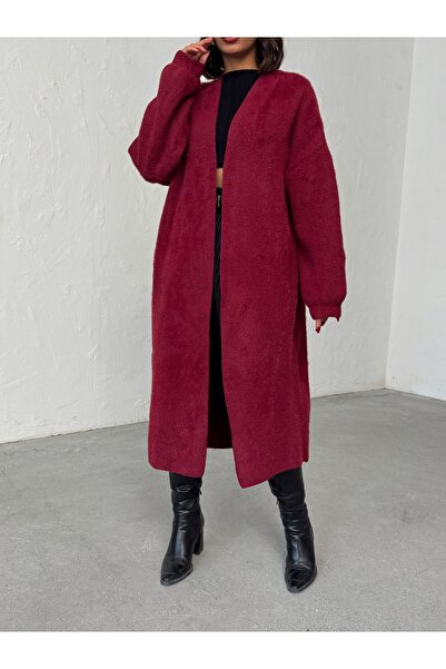 BEJNA Women's Burgundy Soft Textured Midi Knit Cardigan