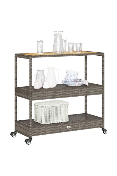 vidaxl Bar Cart 3-Tier Grey Poly Rattan and Solid Wood Acacia