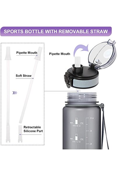 GEMFUL Water Bottle 1L with Straw Time Marker Tritan BPA Free for Fitness Gym Outdoor Sports (Gray)