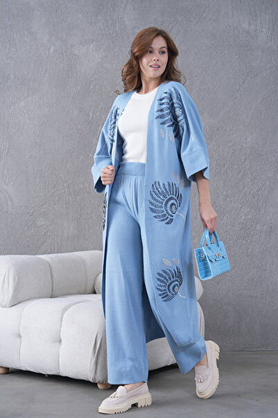 Miss Allos Women's Beaded Wide-Fit Knitwear Cardigan and Pants Bottom-Top Set