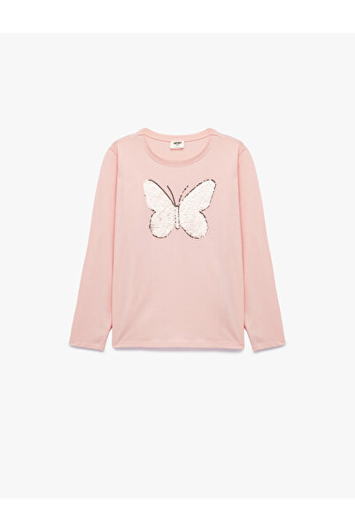 Koton تي شيرت قطني بأكمام طويلة ورقبة دائرية مزين بالترتر