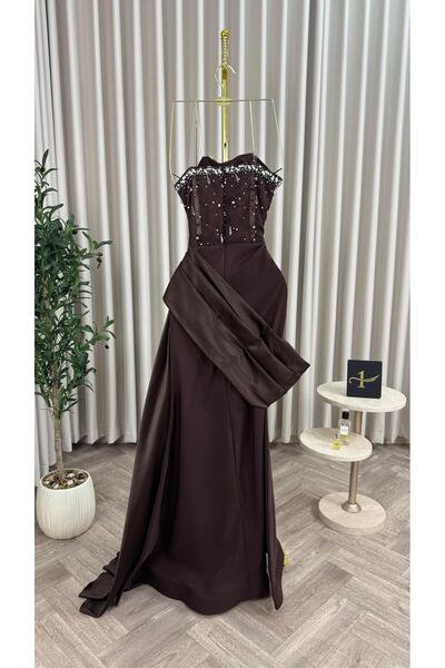 NALA FASHION Royal chocolate embroidered evening dress