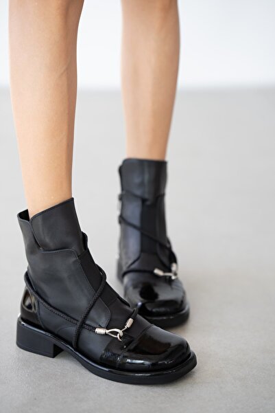 selinshoes Amevia Genuine Leather Side Zipper Blunt Toe Women's Boots - Black