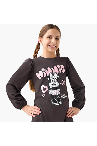 Disney Minnie Mouse Print T-shirt Dress with Round Neck and Long Sleeves