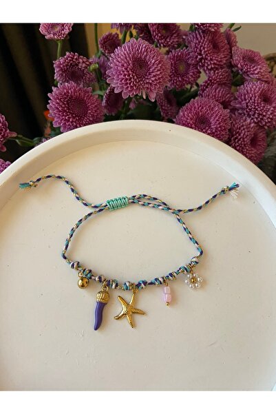 Anetta Jewelry Kadın handmade Çelik charmlı mor mavi ip bileklik