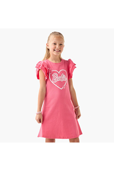 mattel Barbie Print Dress with Ruffle Sleeves