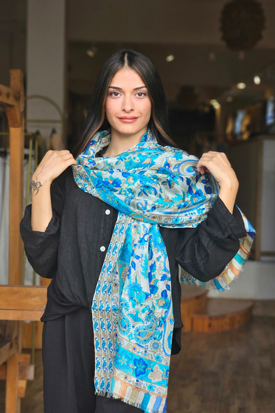 İpek Açık Mavi Turuncu Yüzükten Geçen Şal