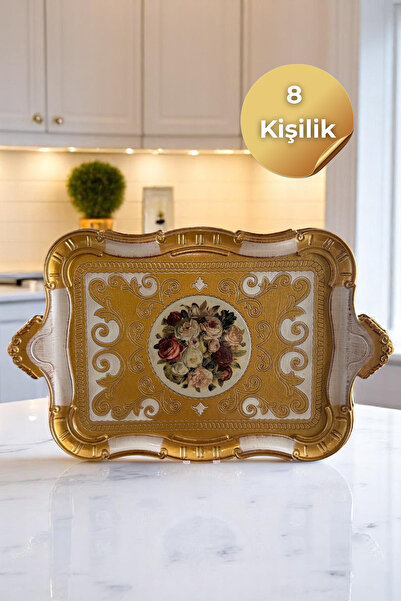 Sevinse Home Italian Rosewood 8-Person Luxury Handmade Tray Gold Cream, Presentation Tray