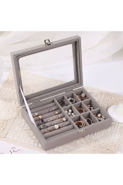 Noor Jewelry storage organizer, small velvet multi-compartment box for accessories and rings